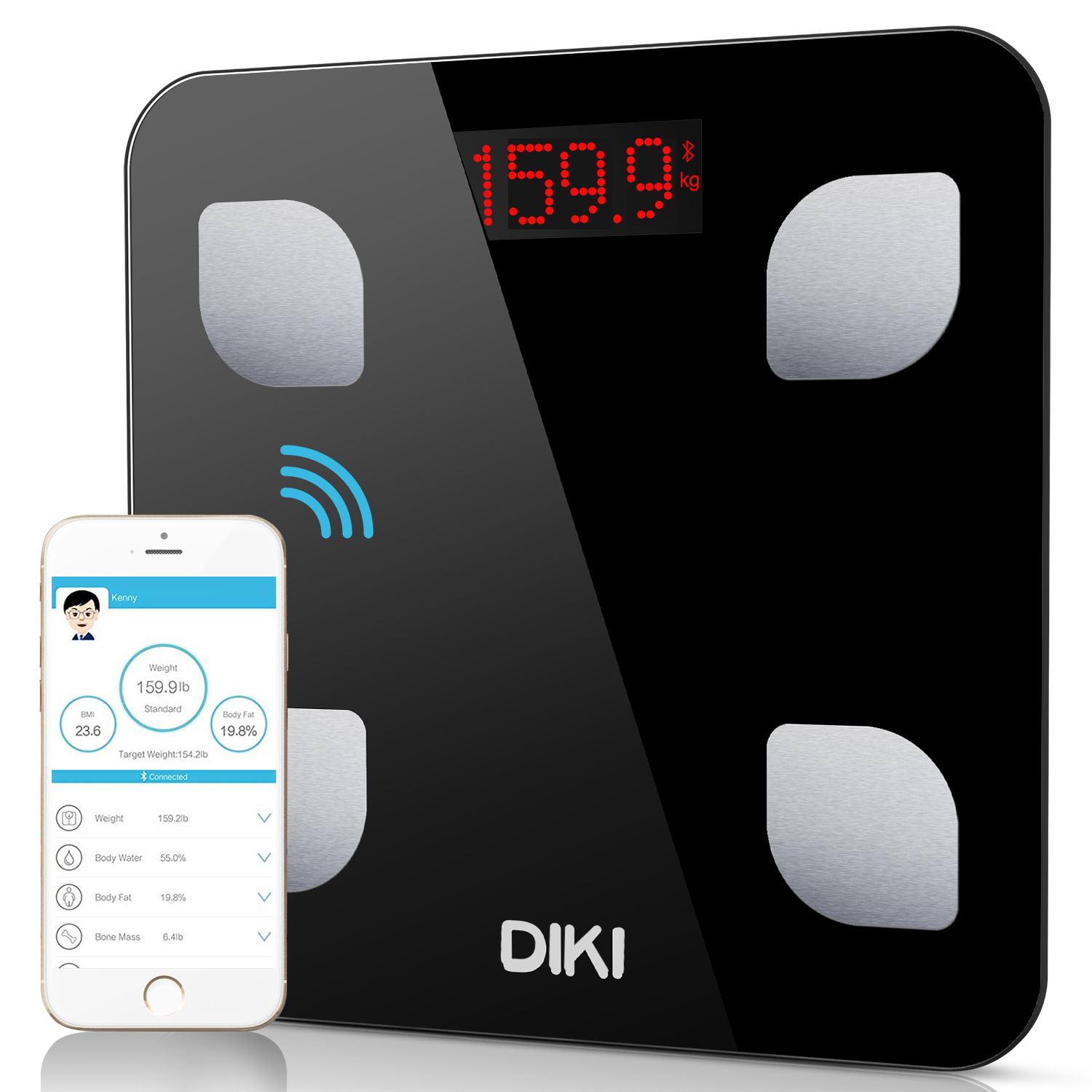 Body Fat Scales,DiKi Bluetooth Body Weight Scale with IOS and Android Devices,High Precision Digital Bathroom Scales,Digital Body Weight with Unlimited Users App/8 Body Components Data/Step On (Black)